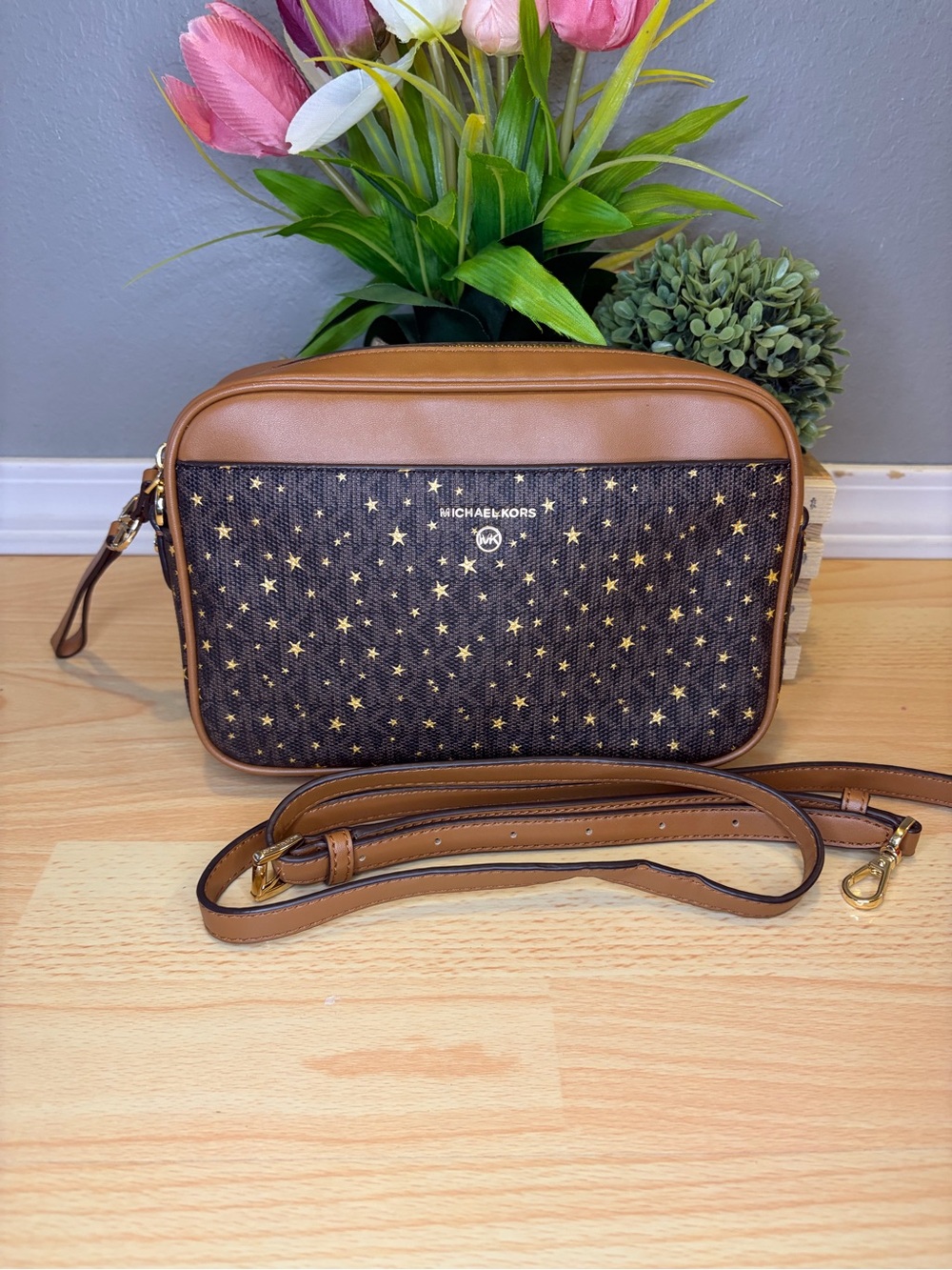 Michael Kors Brown and Gold Star Print Crossbody Bag